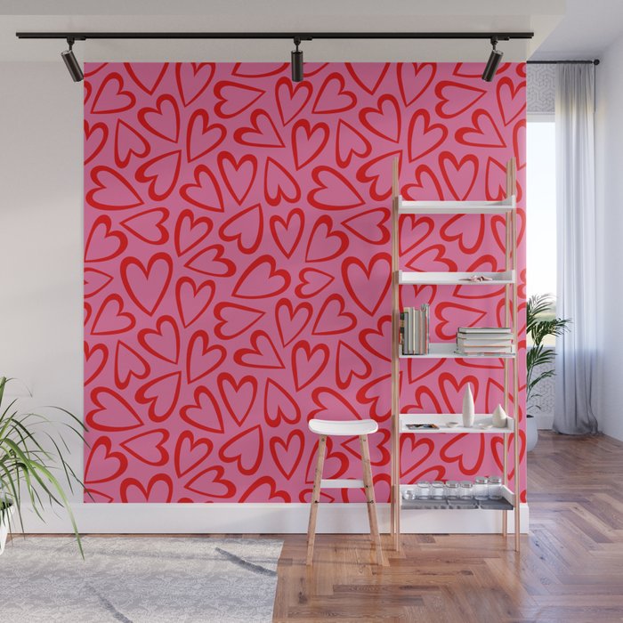 Red love heart cartoon pattern Wall Mural Gallery Image 1
