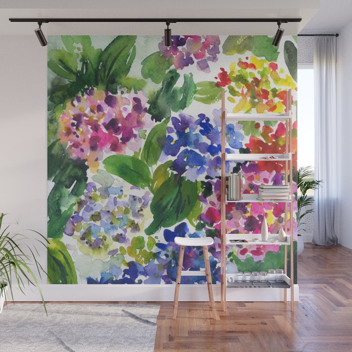 hydrangeas in green: watercolor flowers Wall Mural Gallery Image 1