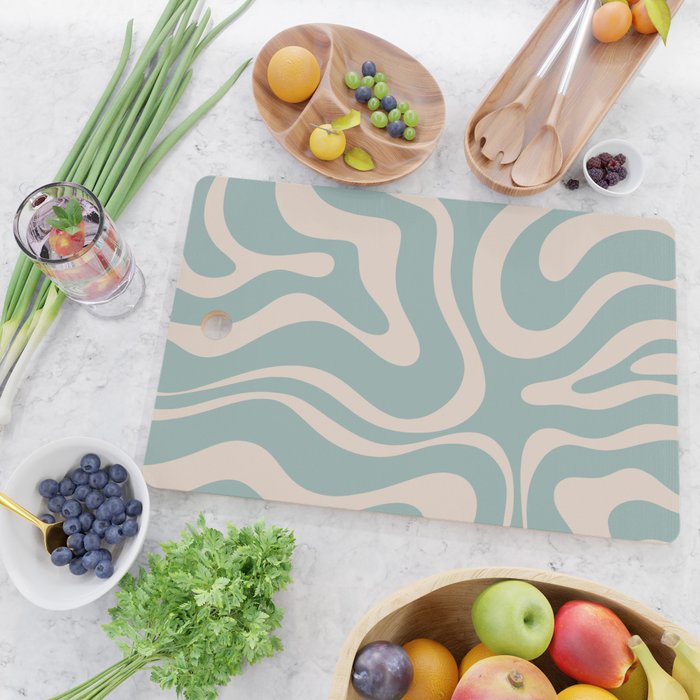 Modern Liquid Swirl Abstract Pattern in Light Celadon Blue and Buff Cutting Board Gallery Image 2