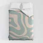 Modern Liquid Swirl Abstract Pattern in Light Celadon Blue and Buff Comforter Gallery Image 6