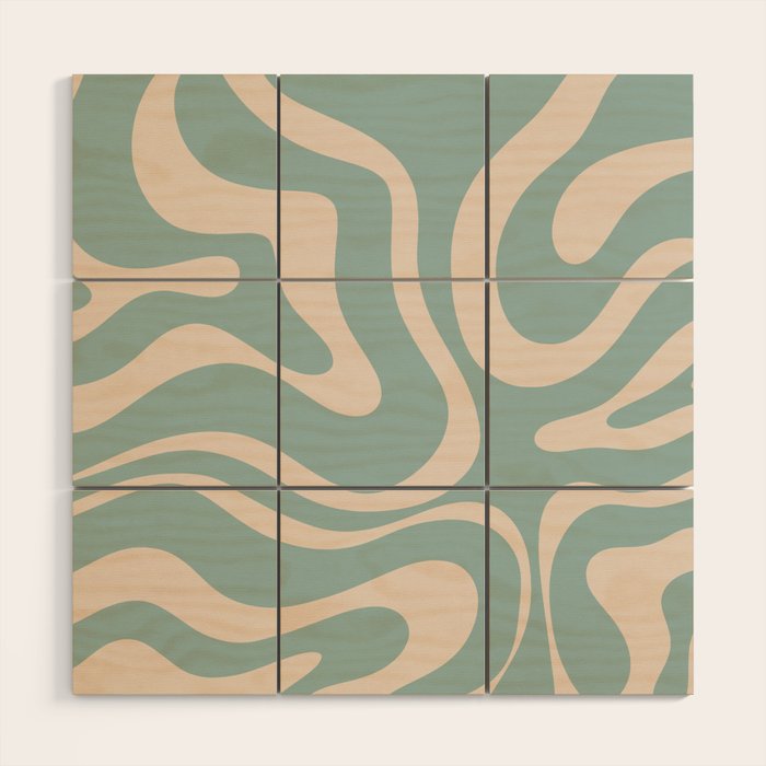 Modern Liquid Swirl Abstract Pattern in Light Celadon Blue and Buff Wood Wall Art Gallery Image 1