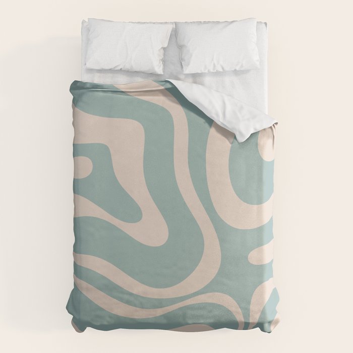 Modern Liquid Swirl Abstract Pattern in Light Celadon Blue and Buff Duvet Cover Gallery Image 1
