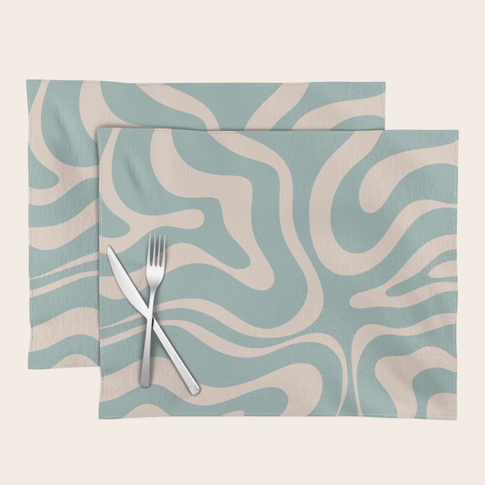 Modern Liquid Swirl Abstract Pattern in Light Celadon Blue and Buff Placemat Gallery Image 1