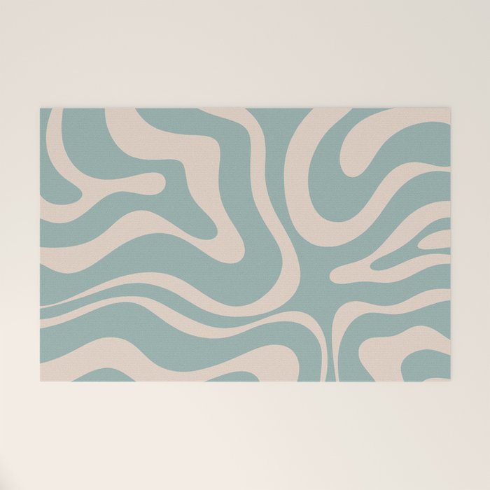 Modern Liquid Swirl Abstract Pattern in Light Celadon Blue and Buff Welcome Mat Gallery Image 1