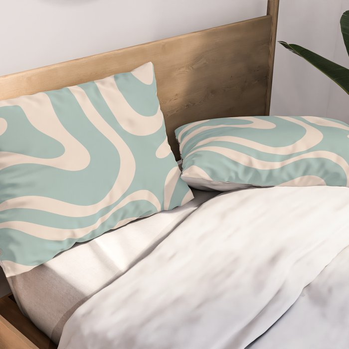 Modern Liquid Swirl Abstract Pattern in Light Celadon Blue and Buff Pillow Sham Gallery Image 2