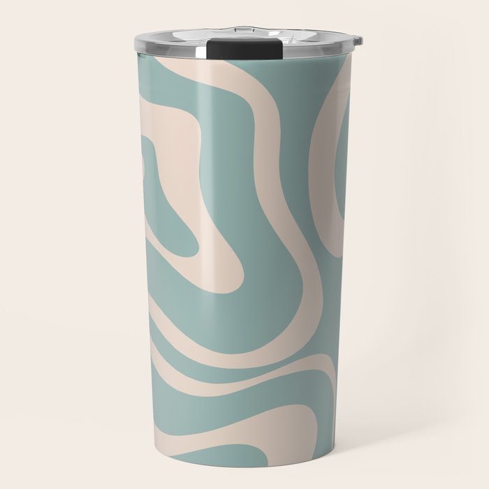 Modern Liquid Swirl Abstract Pattern in Light Celadon Blue and Buff Travel Mug Gallery Image 1