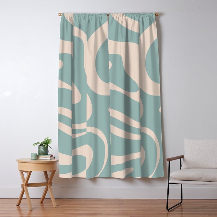Modern Liquid Swirl Abstract Pattern in Light Celadon Blue and Buff Window Curtain Gallery Image 1