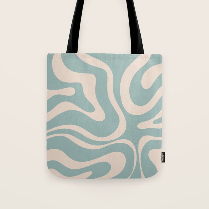 Modern Liquid Swirl Abstract Pattern in Light Celadon Blue and Buff Tote Bag Gallery Image 1