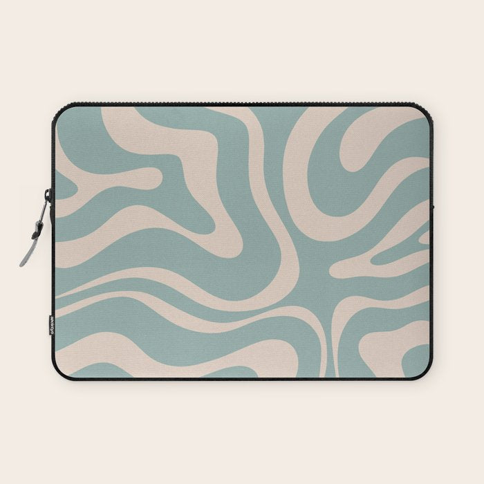Modern Liquid Swirl Abstract Pattern in Light Celadon Blue and Buff Laptop Sleeve Gallery Image 1