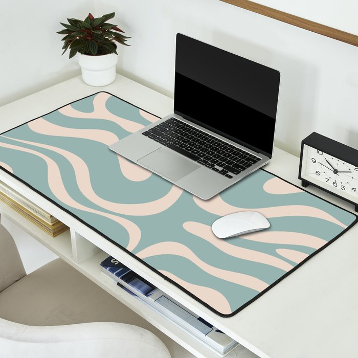 Modern Liquid Swirl Abstract Pattern in Light Celadon Blue and Buff Desk Mat Gallery Image 2