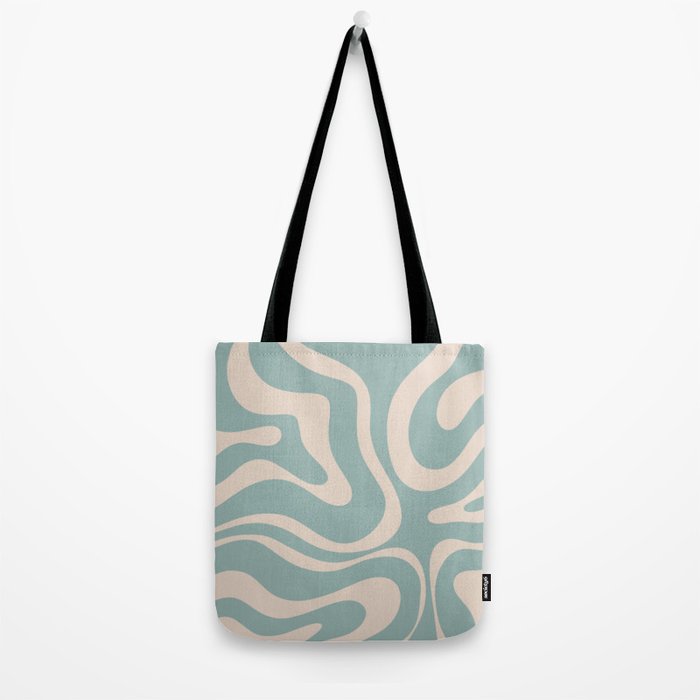 Modern Liquid Swirl Abstract Pattern in Light Celadon Blue and Buff Tote Bag Gallery Image 2