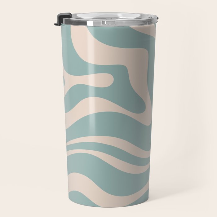 Modern Liquid Swirl Abstract Pattern in Light Celadon Blue and Buff Travel Mug Gallery Image 3