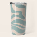 Modern Liquid Swirl Abstract Pattern in Light Celadon Blue and Buff Travel Mug Gallery Image 3
