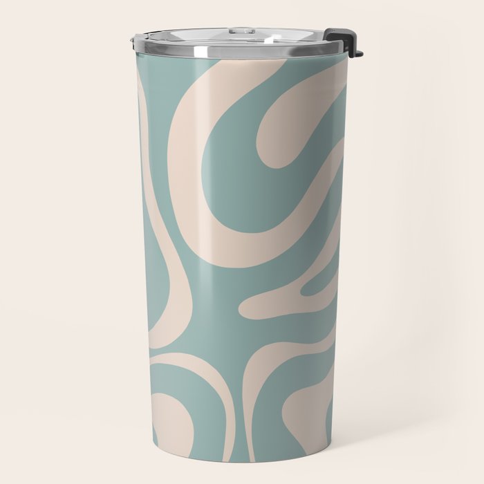 Modern Liquid Swirl Abstract Pattern in Light Celadon Blue and Buff Travel Mug Gallery Image 2