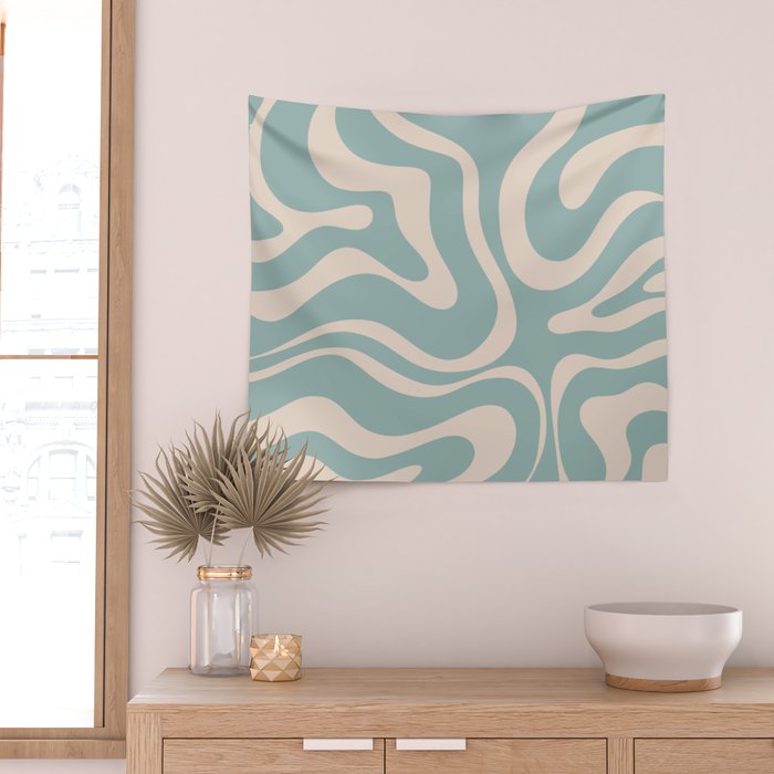 Modern Liquid Swirl Abstract Pattern in Light Celadon Blue and Buff Wall Tapestry Gallery Image 2