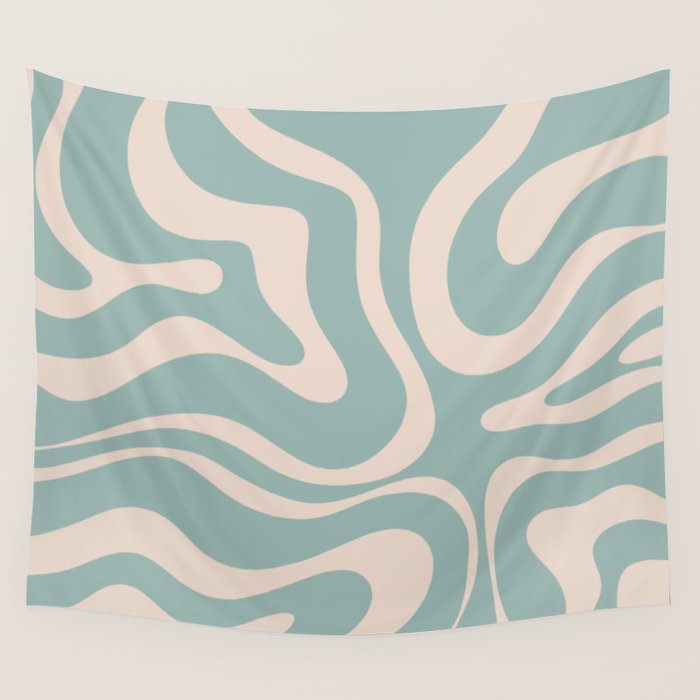 Modern Liquid Swirl Abstract Pattern in Light Celadon Blue and Buff Wall Tapestry Gallery Image 4