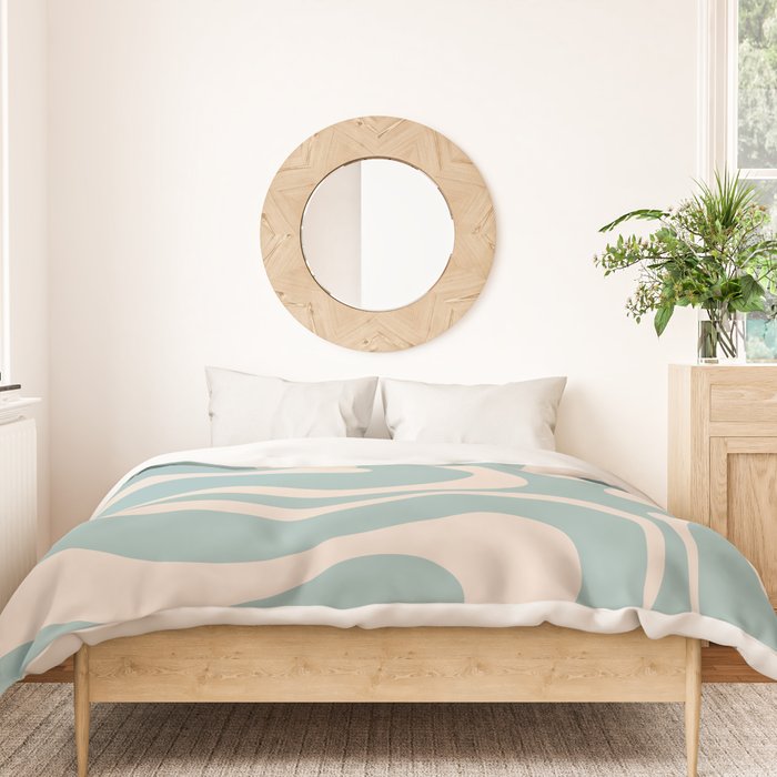 Modern Liquid Swirl Abstract Pattern in Light Celadon Blue and Buff Duvet Cover Gallery Image 3