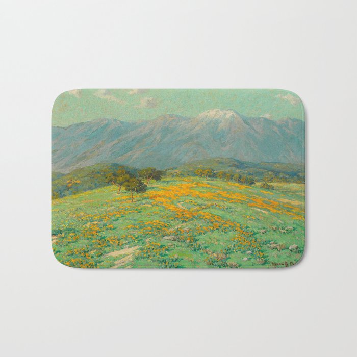 Granville Redmond snow cap spring landscape painting orange flowers green field Bath Mat Gallery Image 1