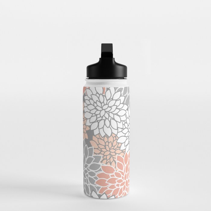 Dahlia Floral Blooms, Peach and Gray Water Bottle Gallery Image 3