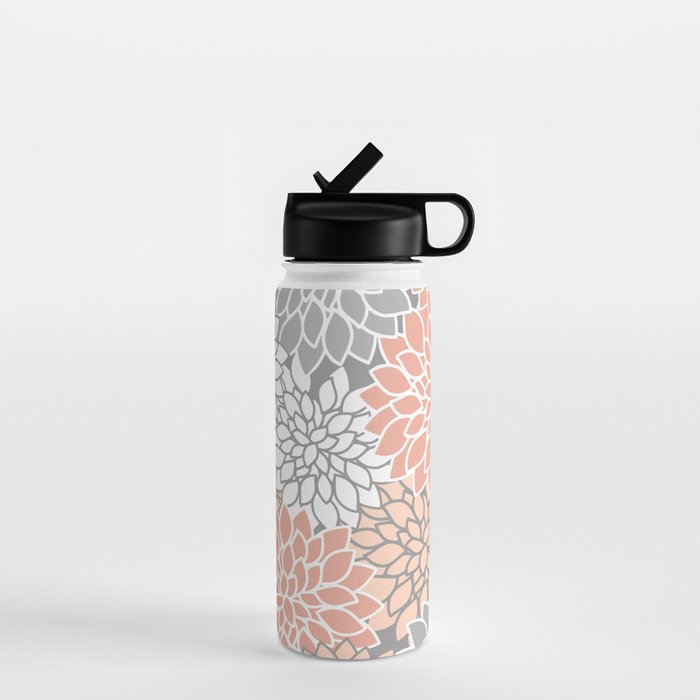 Dahlia Floral Blooms, Peach and Gray Water Bottle Gallery Image 1