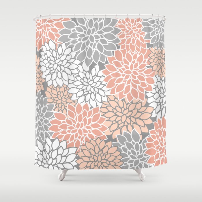 Dahlia Floral Blooms, Peach and Gray Shower Curtain Gallery Image 1