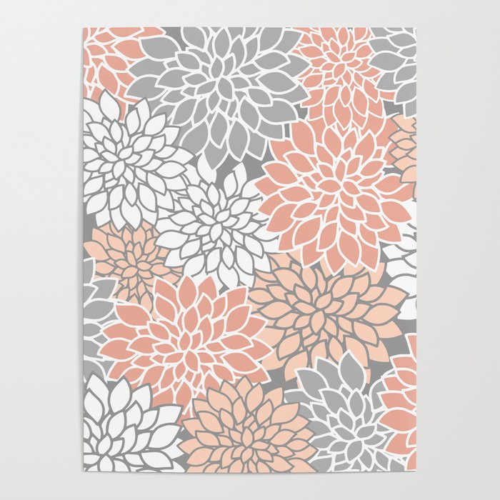 Dahlia Floral Blooms, Peach and Gray Poster Gallery Image 4
