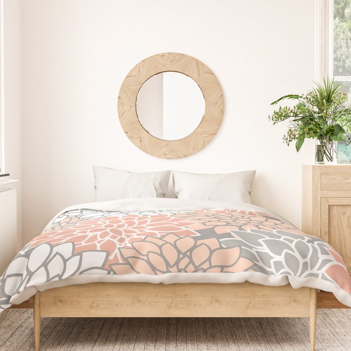 Dahlia Floral Blooms, Peach and Gray Duvet Cover Gallery Image 3