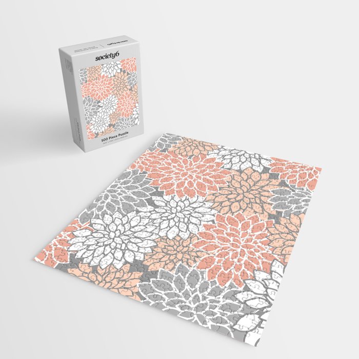 Dahlia Floral Blooms, Peach and Gray Jigsaw Puzzle Gallery Image 2