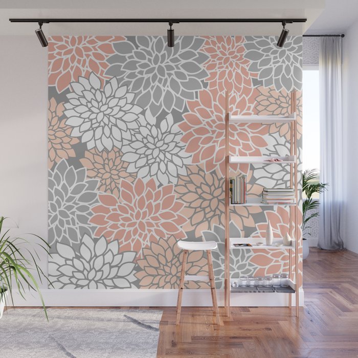 Dahlia Floral Blooms, Peach and Gray Wall Mural Gallery Image 1