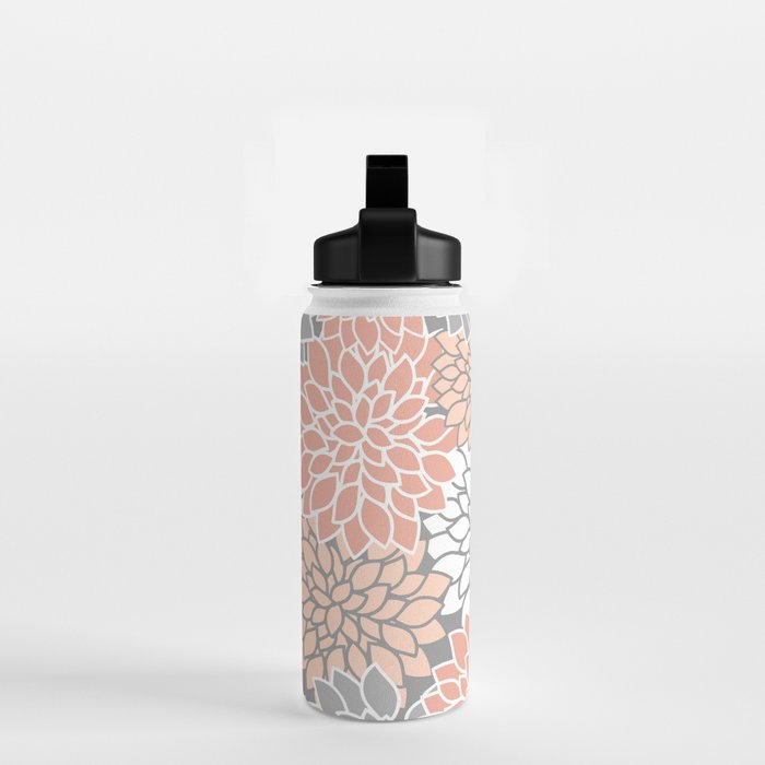 Dahlia Floral Blooms, Peach and Gray Water Bottle Gallery Image 2