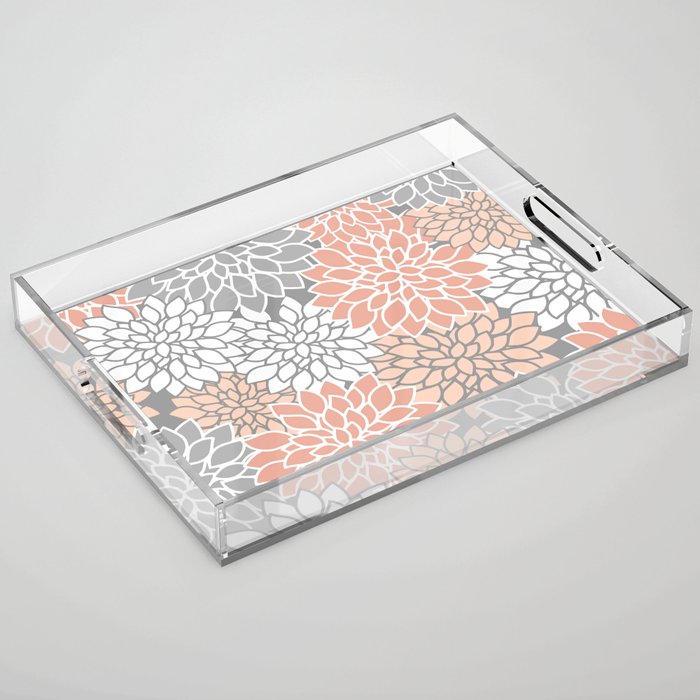 Dahlia Floral Blooms, Peach and Gray Acrylic Tray Gallery Image 1