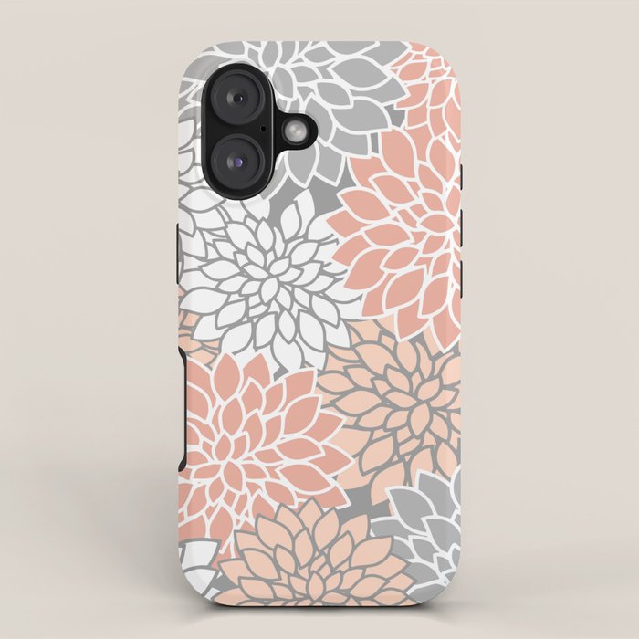 Dahlia Floral Blooms, Peach and Gray iPhone Case Gallery Image 1