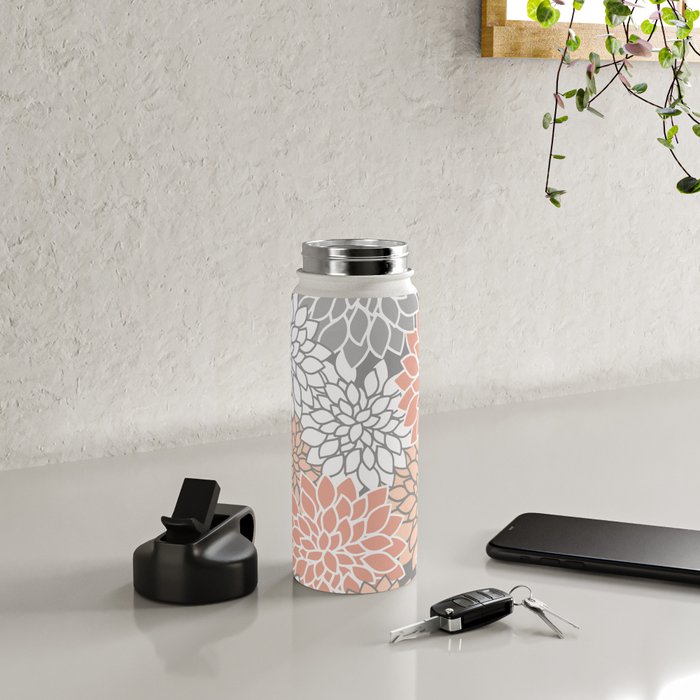 Dahlia Floral Blooms, Peach and Gray Water Bottle Gallery Image 4