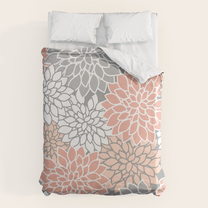 Dahlia Floral Blooms, Peach and Gray Duvet Cover Gallery Image 1