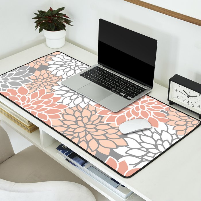 Dahlia Floral Blooms, Peach and Gray Desk Mat Gallery Image 2