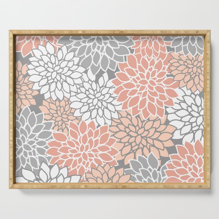 Dahlia Floral Blooms, Peach and Gray Serving Tray Gallery Image 1