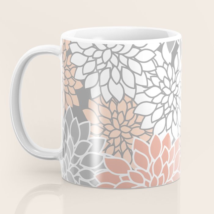 Dahlia Floral Blooms, Peach and Gray Coffee Mug Gallery Image 3
