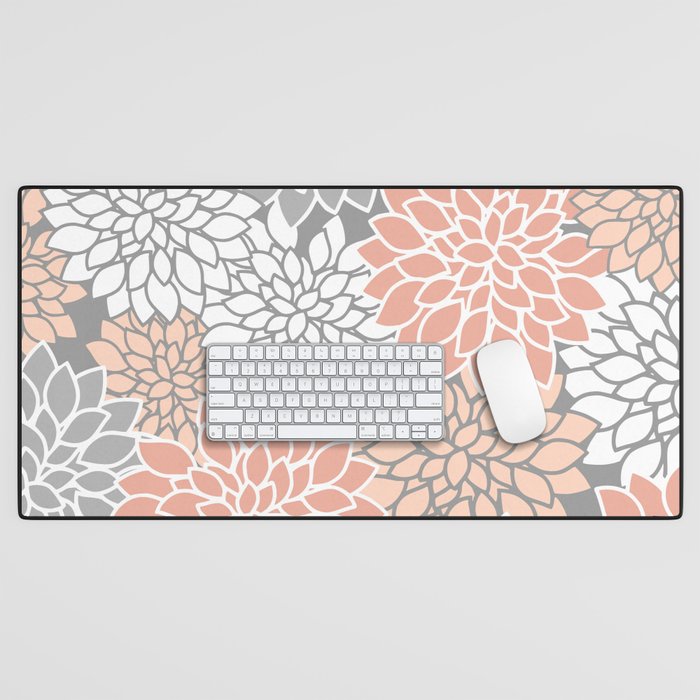 Dahlia Floral Blooms, Peach and Gray Desk Mat Gallery Image 1