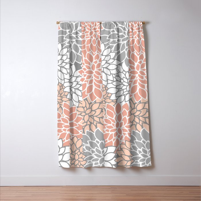 Dahlia Floral Blooms, Peach and Gray Window Curtain Gallery Image 3