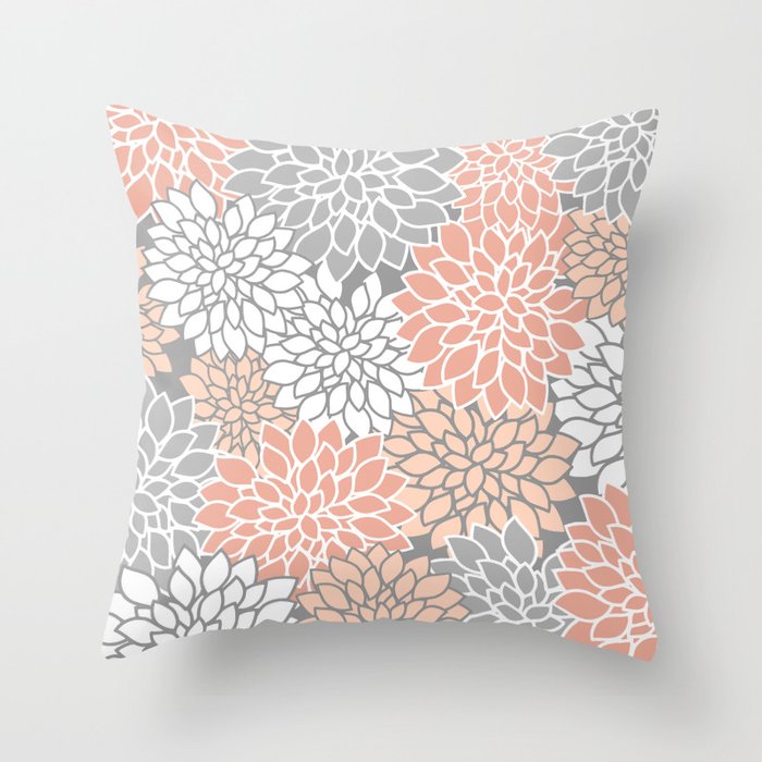 Dahlia Floral Blooms, Peach and Gray Throw Pillow Gallery Image 6