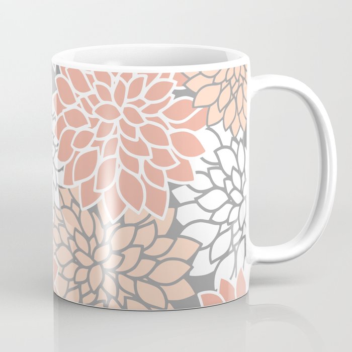 Dahlia Floral Blooms, Peach and Gray Coffee Mug Gallery Image 1