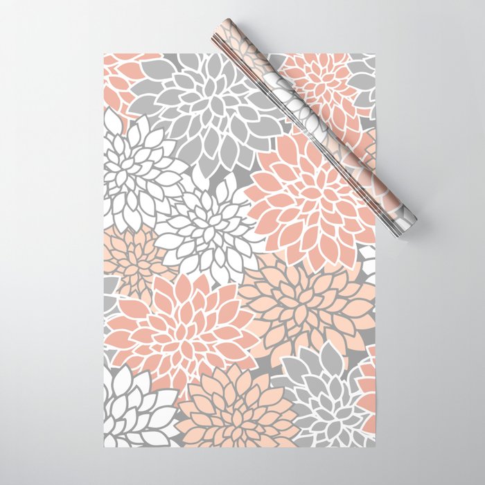 Dahlia Floral Blooms, Peach and Gray Wrapping Paper Gallery Image 1