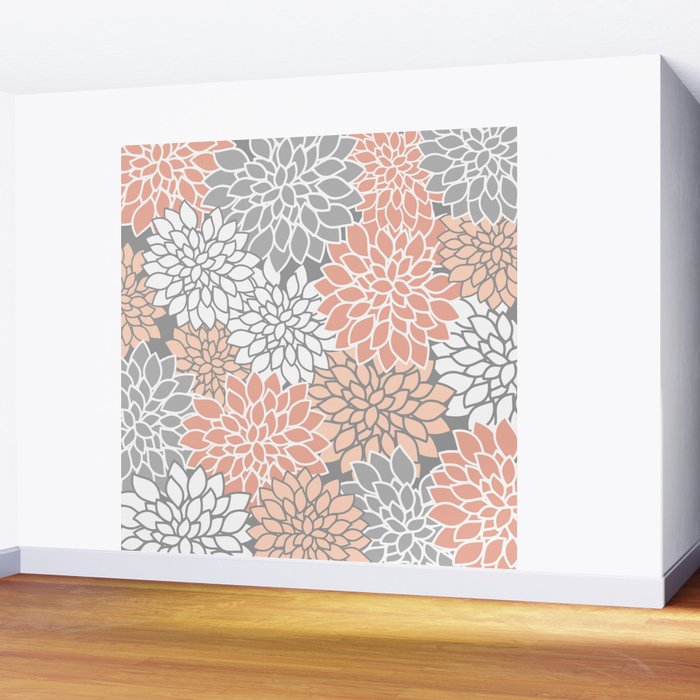 Dahlia Floral Blooms, Peach and Gray Wall Mural Gallery Image 2