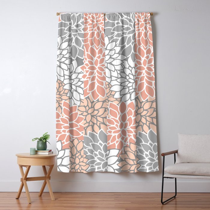 Dahlia Floral Blooms, Peach and Gray Window Curtain Gallery Image 1