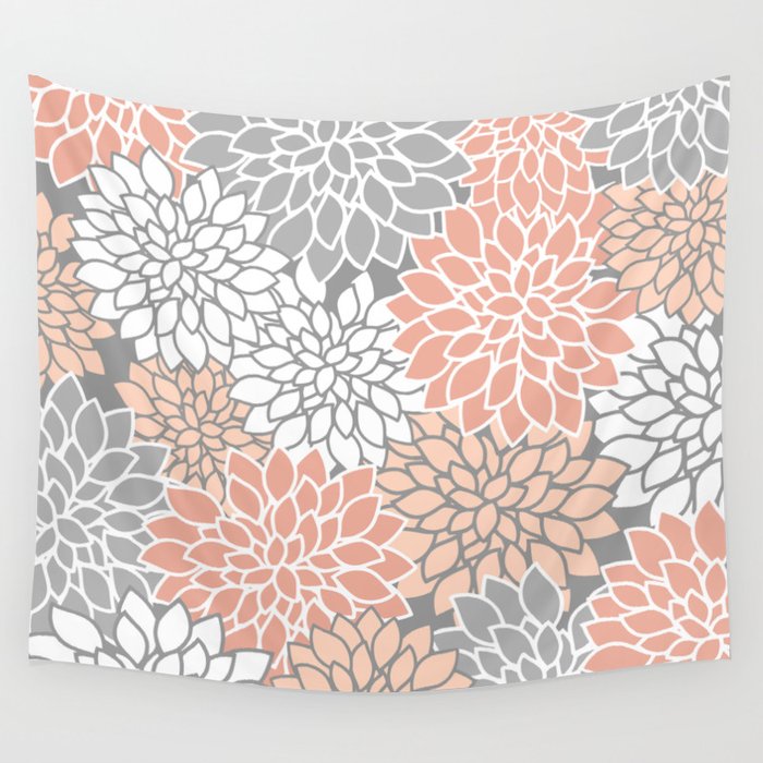 Dahlia Floral Blooms, Peach and Gray Wall Tapestry Gallery Image 4