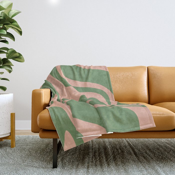 Retro Liquid Swirl Contemporary Abstract Pattern 2 in Blush Pink and Vintage Green Throw Blanket Gallery Image 1
