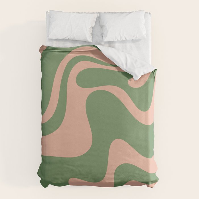Retro Liquid Swirl Contemporary Abstract Pattern 2 in Blush Pink and Vintage Green Duvet Cover Gallery Image 6