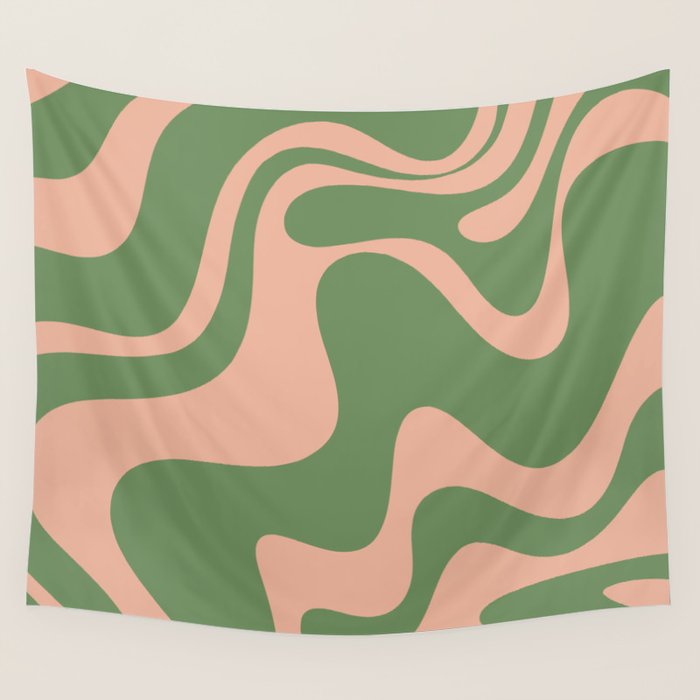 Retro Liquid Swirl Contemporary Abstract Pattern 2 in Blush Pink and Vintage Green Wall Tapestry Gallery Image 4