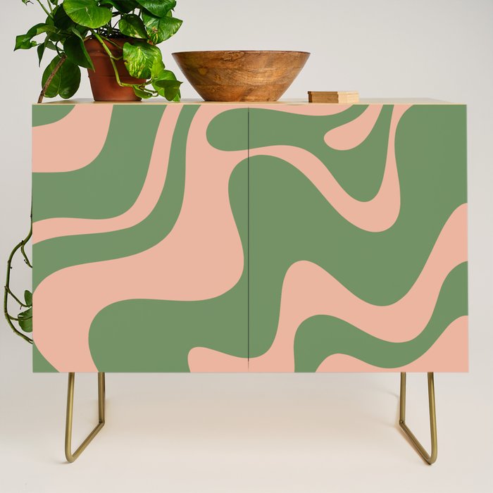 Retro Liquid Swirl Contemporary Abstract Pattern 2 in Blush Pink and Vintage Green Credenza Gallery Image 1