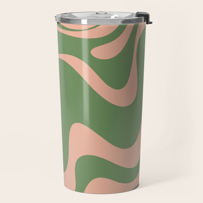 Retro Liquid Swirl Contemporary Abstract Pattern 2 in Blush Pink and Vintage Green Travel Mug Gallery Image 2
